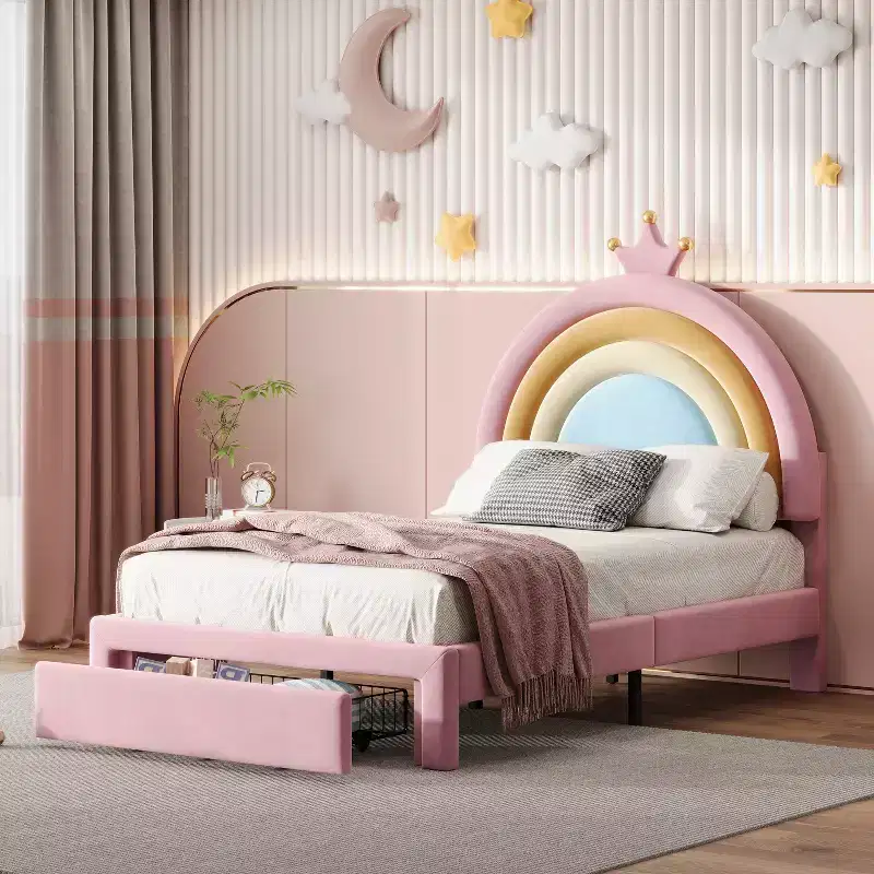 Twin/Full Size Velvet Upholstered Rainbow Design Bed, Princess Platform Bed with Storage Drawer, Pink
