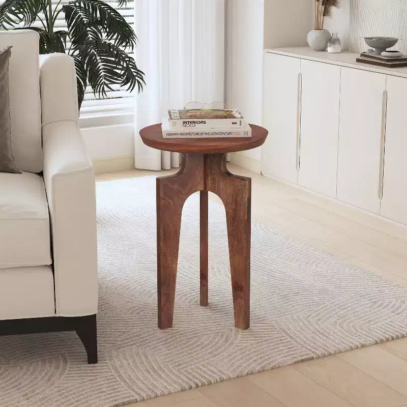 3-Legged Mango Wood Round End Table, Walnut