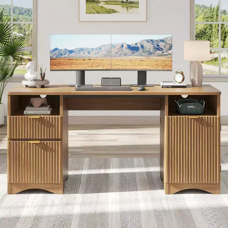 59 Inch Modern Executive Desk with Storage 2 Drawers 3 Cabinet Fluted Writing Desk for Study Living Room