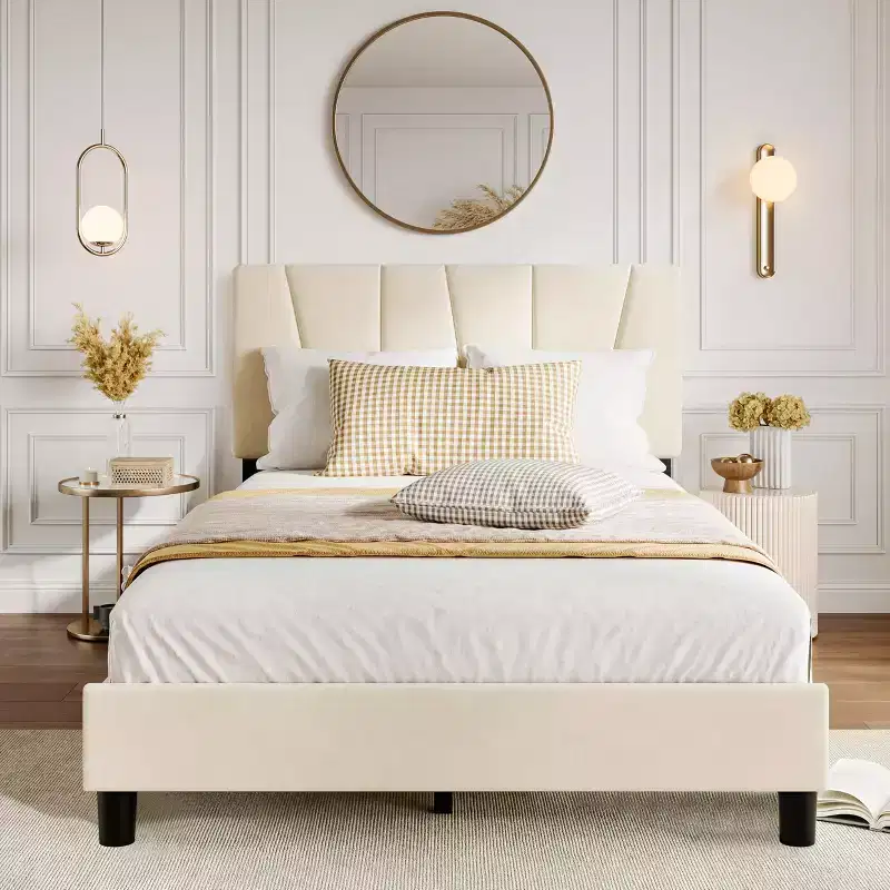 Bed Frame, Upholstered Full Size with Adjustable Headboard - Velvet Tufted Platform Bedframe, No Box Spring Needed, Beige