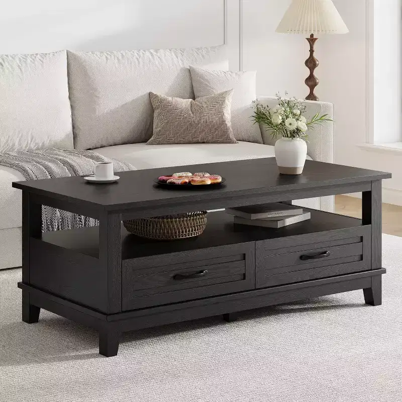 Farmhouse Coffee Table, 2 Drawers & Open Shelf, 47.24 Rectangular Center Table, Stable 6-Leg Structure