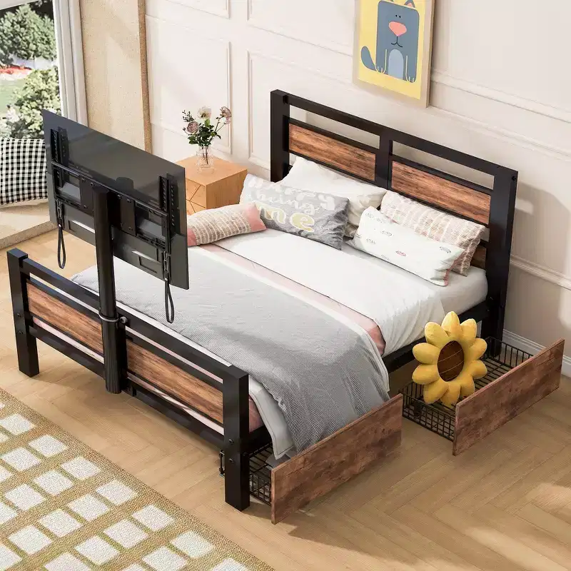 Metal Twin Size Platform Bed with Headboard, Footboard, Two Drawers and TV Stand Black