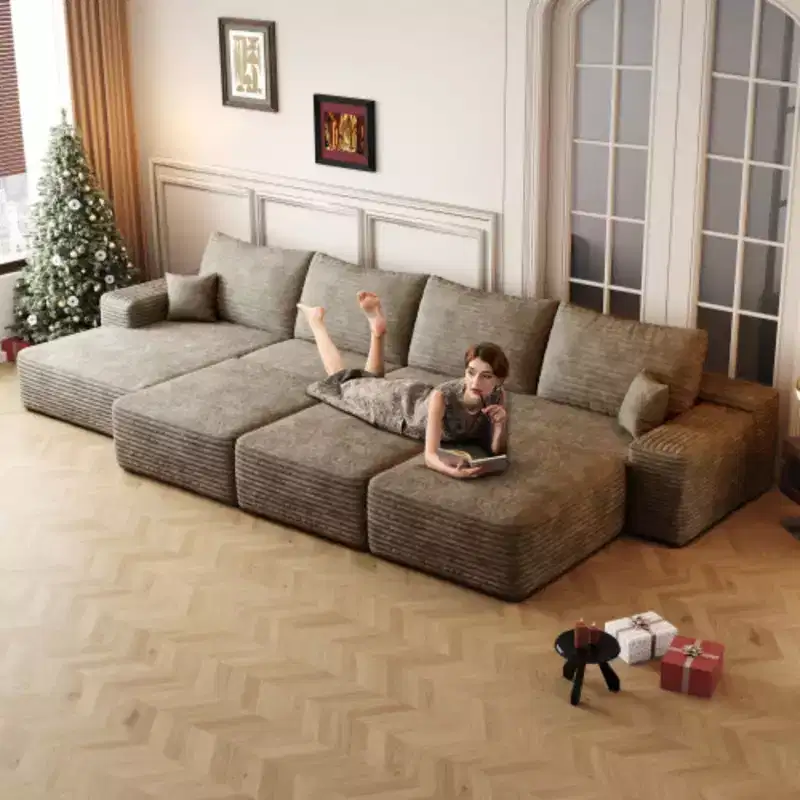 135Large size modular cloud sofa 6 seats down sofa bed apartment living room sofa ,No Assembly Required,Camel(Plush Corduroy Fabric)