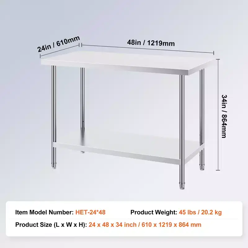 Stainless Steel Prep Table 24''x48''x34'' with Adjustable Shelves