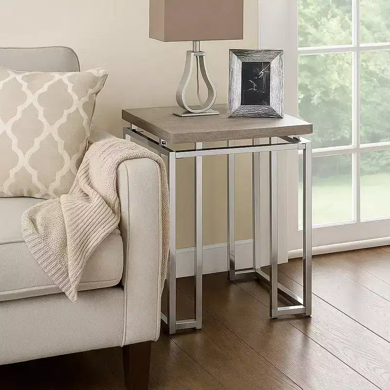End Table – Rectangular Wood Top, Silver Metal Sled Legs, Brown & Silver