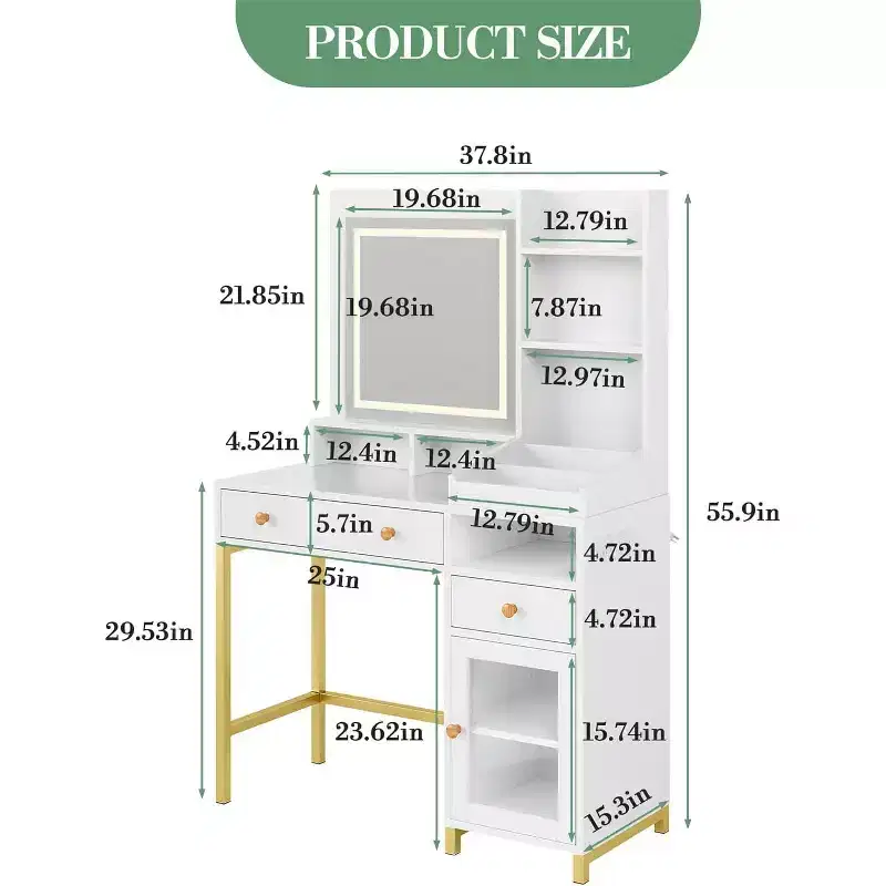 38 Vanity Desk, Modern Makeup Dressing Table, with 3 Color LED Lighted Mirror and Power Outlet, for Bedroom, Studio