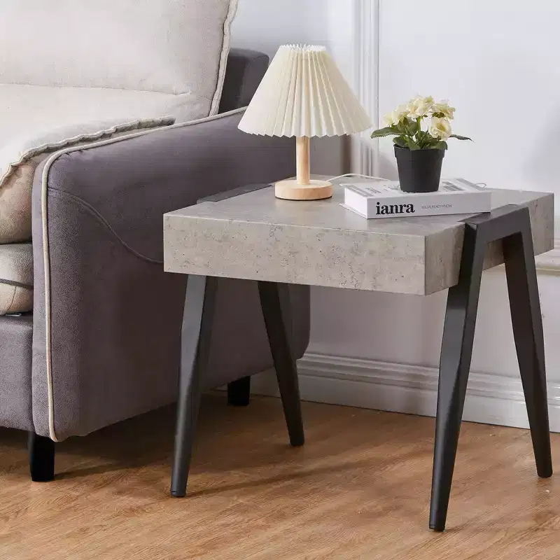 Kings Brand Furniture Camden Marble-Style Wood Side End Table, Nightstand, Sofa Table with Metal Legs for Living Room, Black/Gray