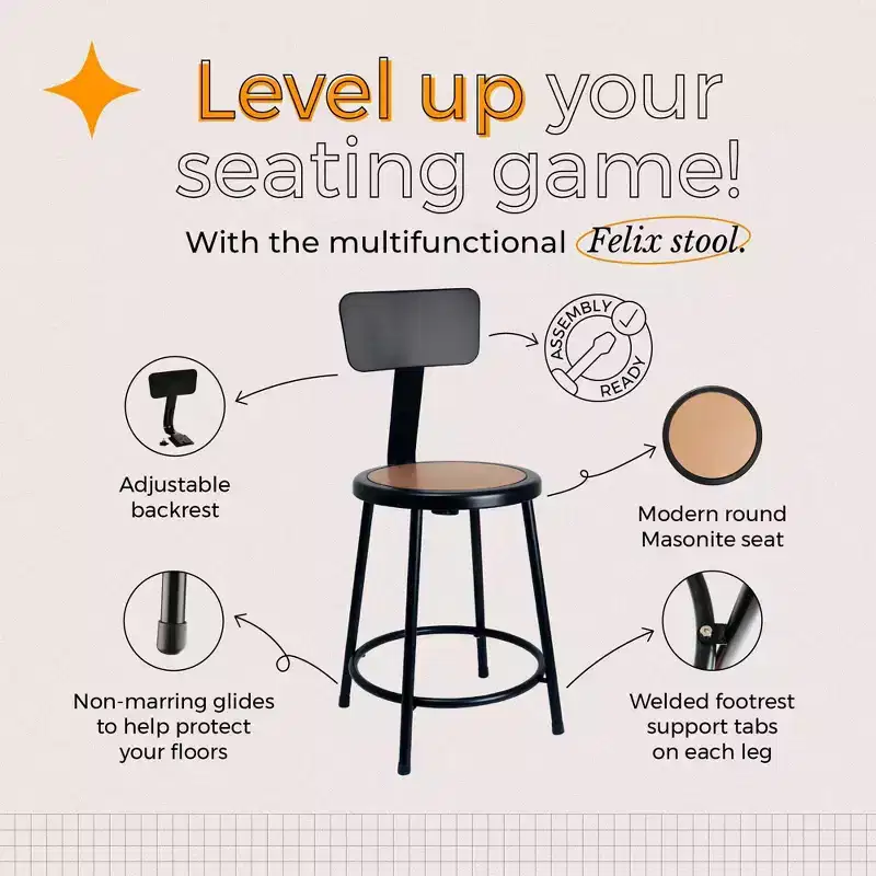 Hampden Furnishings 24" Felix Collection Steel Counter Height Barstool with Backrest