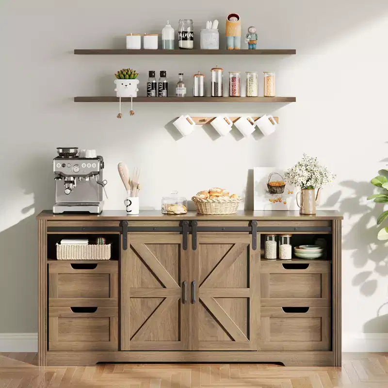 Modern TV stand, accommodates TVs up to 70 inches, featuring 4 drawers and sliding barn doors for a living room entertainment center.