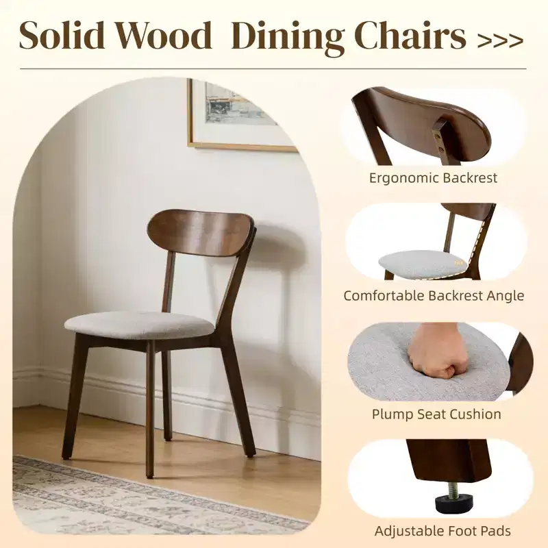 Mid-Century Modern Solid Wood Upholstered Dining Chairs, Set of 2