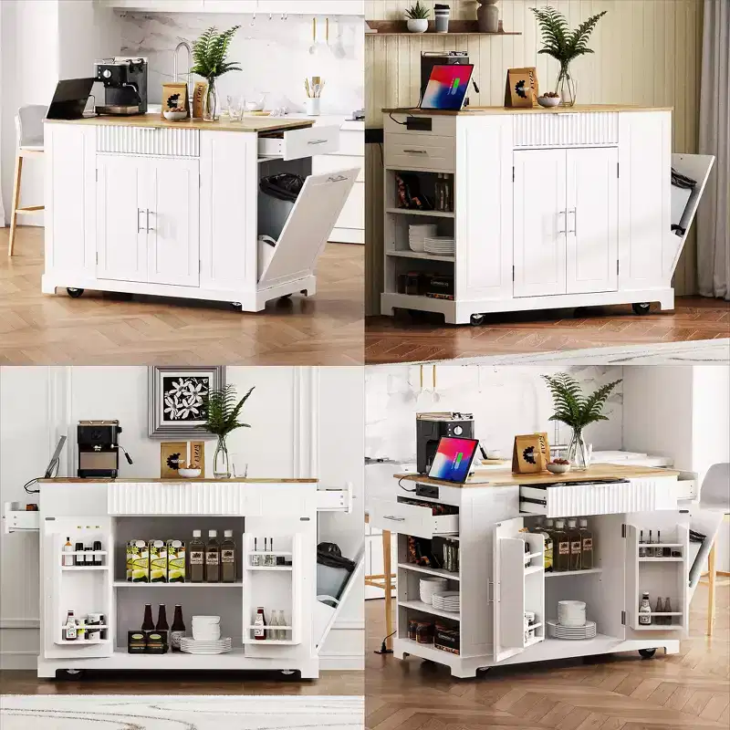 Whisen Classic Style Kitchen Islands on 5 Wheels with 3 Drawer and 3 Open Side Racks