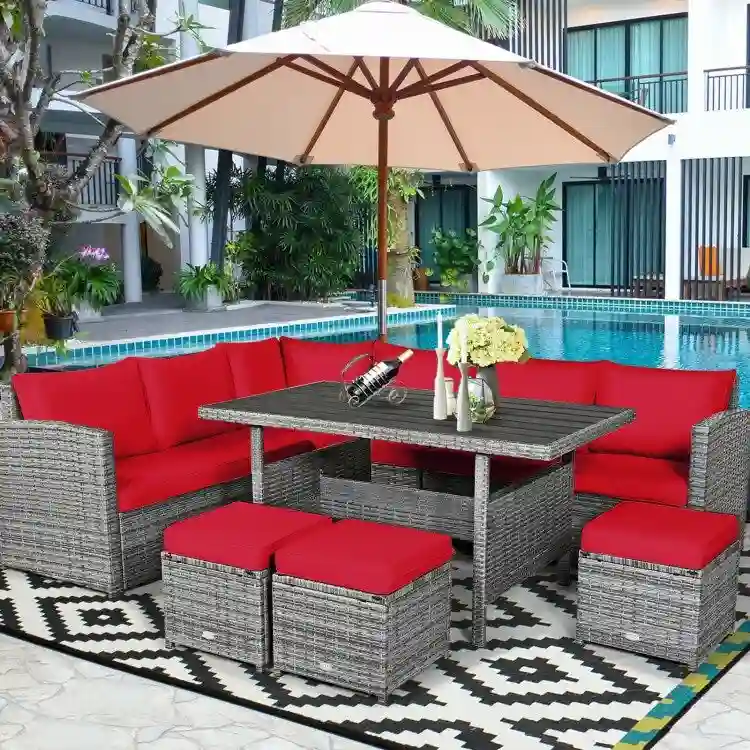 7 Pcs All-Weather Patio Rattan Dining Furniture Sectional Sofa Set with Wicker Ottoman and Cushed Couch