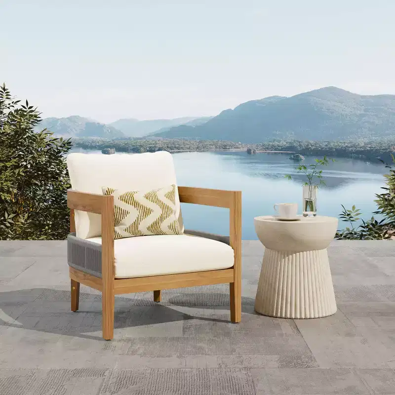 Whisen 1 Piece Outdoor Acacia Wood Club Chair and Side Table, Patio Lounge Chair with Cushions - Beige