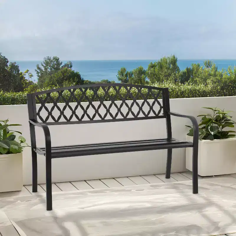FDW Garden Bench 50 Inch Park Bench Metal Outdoor Benches Weather-Resistant for Lawn Yard Porch Work Entryway, Black