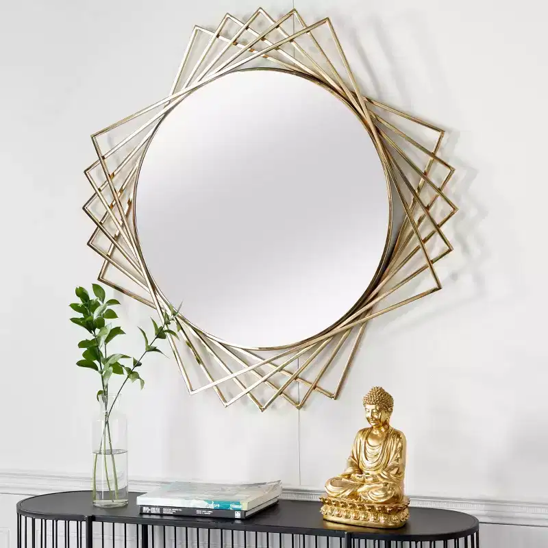 Black / Silver Round Metal Geometric Wall Mirror, Single