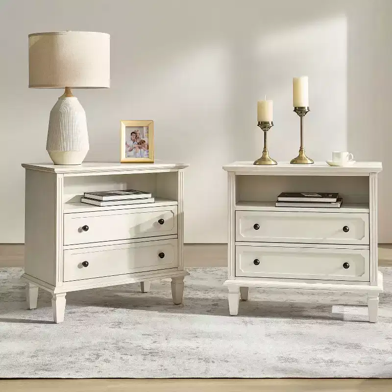2 - Drawer Solid Wood end table with Solid Wood Legs Set of 2|WHITE