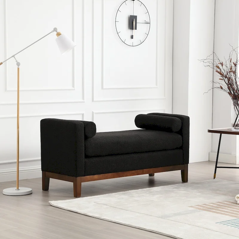 Upholstered Bench Wood Legs and Bolster Pillows