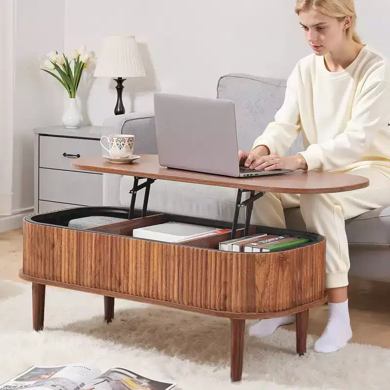 39.4 in Lift Top Coffee Table, Fluted Oval Coffee Table with 3 Hidden Compartment, Mid Century Wooden Oval Center Desk with Storage