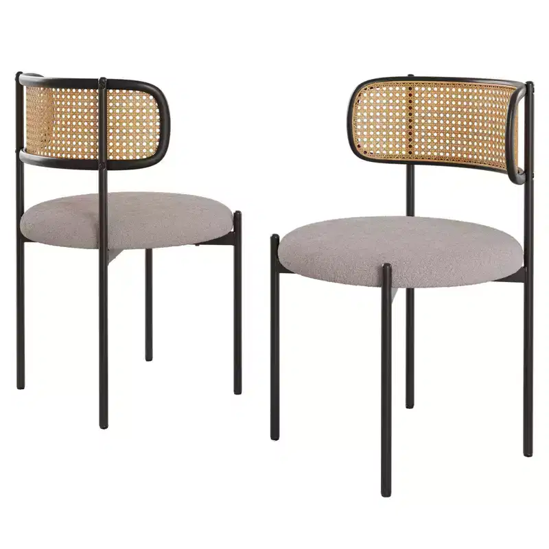 PexFix 4Pcs Modern Upholstered Dining Chairs Rattan Back Dining Room Chairs Accent Kitchen Chairs with Metal Legs Light Gray