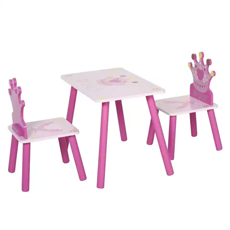 Qaba 3-Piece Kids Wooden Table and Chair Set with Crown Pattern Toddlers Arts Reading Writing Age 2-4 Years Pink