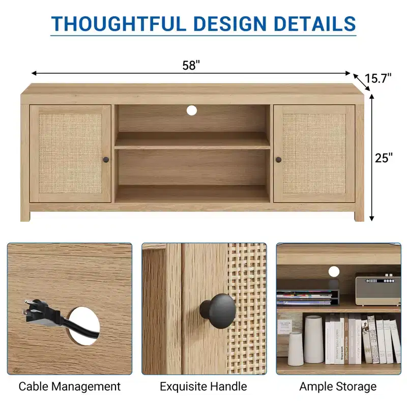 TV Stand, Farmhouse Entertainment Center with 2 Natural Rattan Doors and Height Adjustable Shelves, Living Room, Bedroom Media TV Console