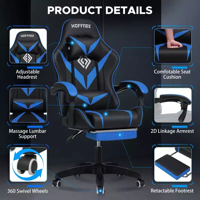 Hoffree Kids Massage Gaming Chair Ergonomic Office PC Chair with Footrest & Adjustable