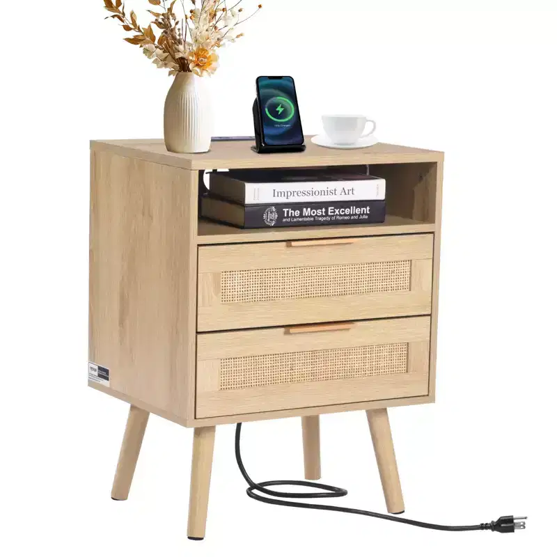 Rattan Nightstand with Built-In Charging Station Boho Bedside Table with 2 Drawers Open Shelf Solid Pine Wood Legs 2 AC and 3 USB Ports