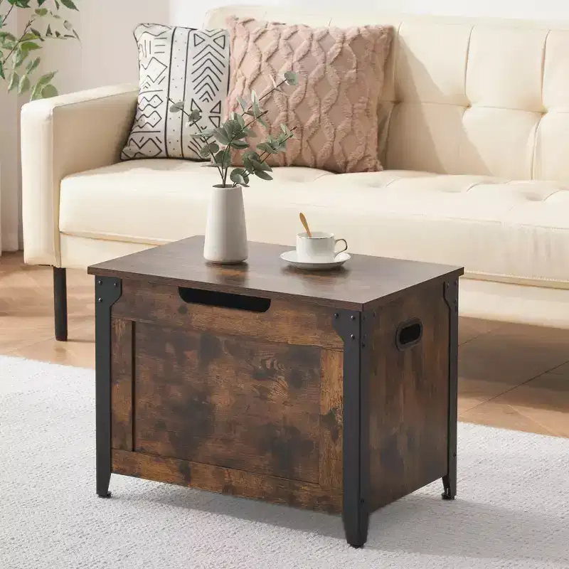 TROPOW Truhe Mit Deckel, Sitztruhe Holz, Sitzbank Mit Stauraum Mit Sicherheitsscharnieren, Metallrahmen, Schuhbank, Aufbewahrungs,Braun