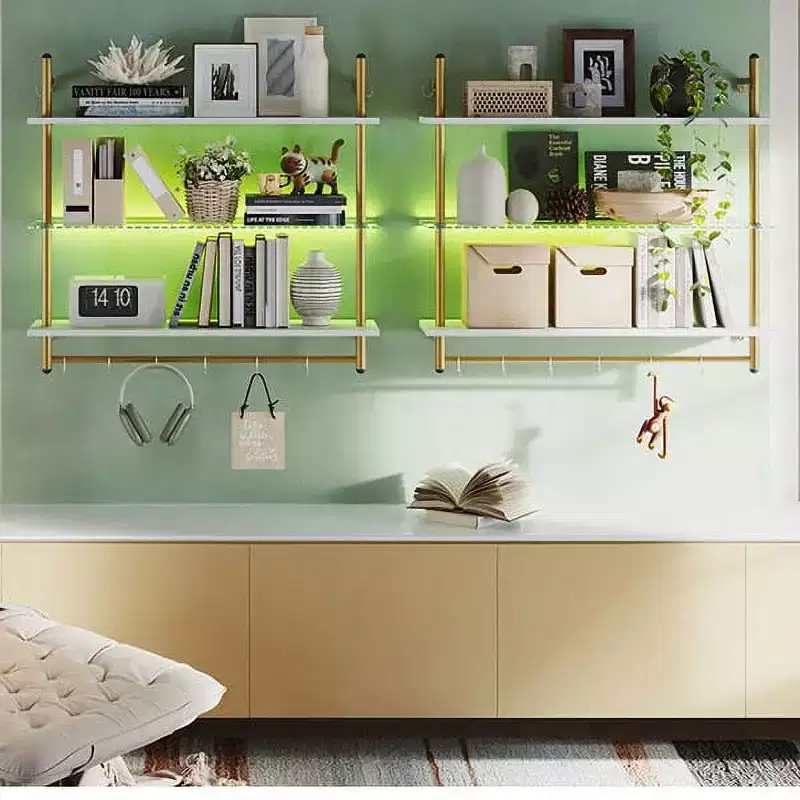 Bestier 41 Floating Shelves with LED Light, 3-Tier Wall-Mounted Wood Shelves with 8 S-Hooks, White Finish & Gold Frame