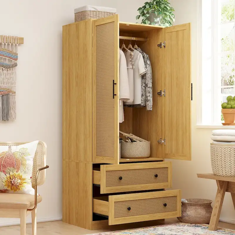70.9Wardrobe Clo with Drawers and Hanging Rod Armoires Wood Finish