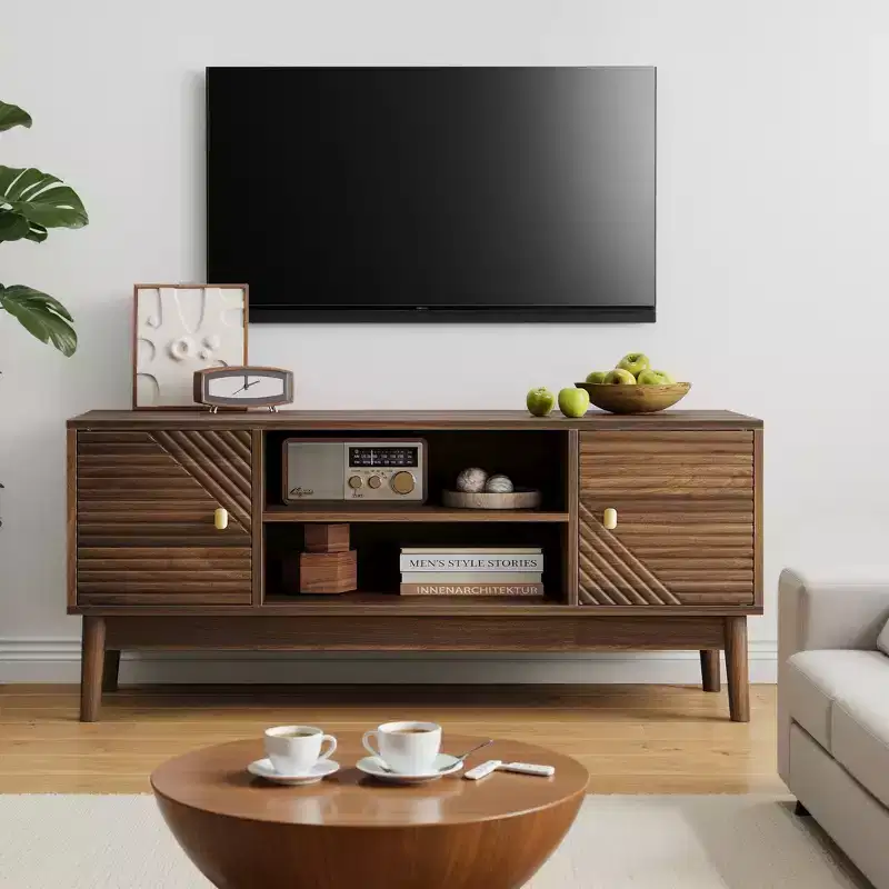 CLIHOME 43.31 inch Mid-Century Modern TV Stand for 32/45 inch TV, Entertainment Center with Storage, Media Console Table, Walnut