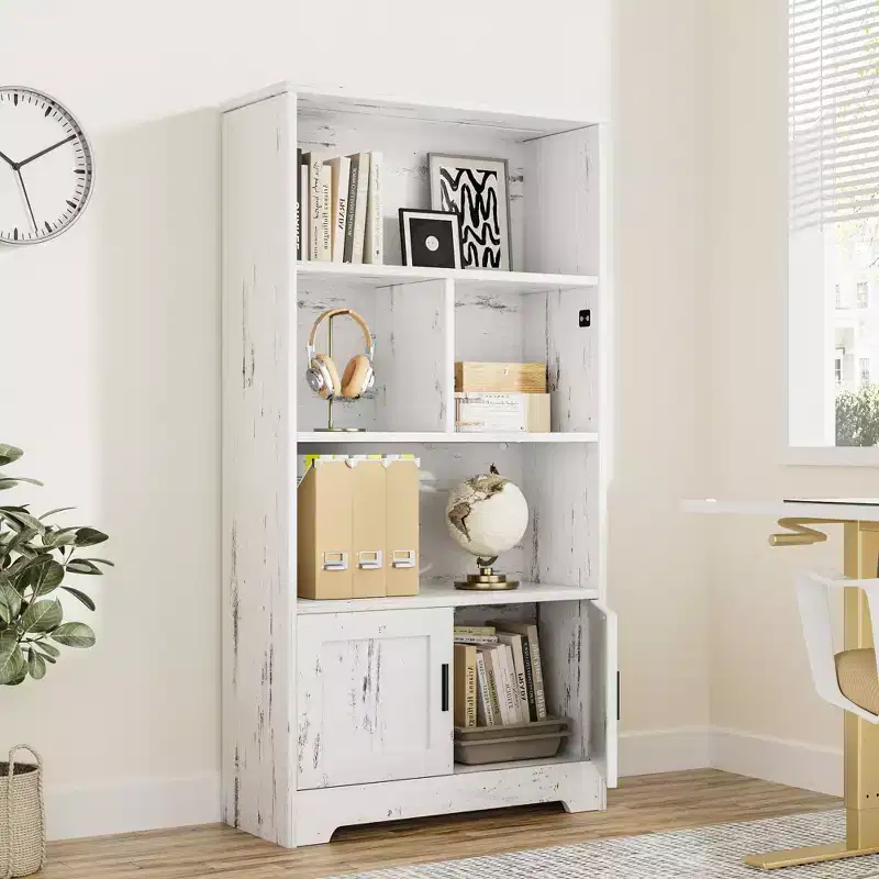 Farmhouse White Bookcase with Door & LED Lights – Multi-Room Storage Rack