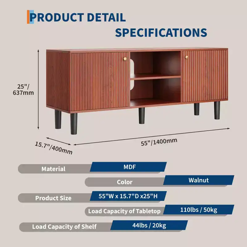 55in TV Stand for TVs Up to 65, Fluted Media TV Console Entertainment Center with 2 Doors and Adjustable Shelf Soft