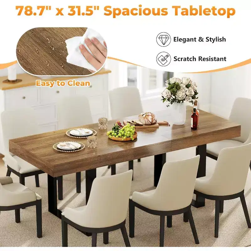 Zevemomo 63-78.7 Expandable Dining Table, 6-10 Rectangular Kitchen Table with Metal Track, Tapered U-Shaped Legs for Dining Room, Office-Brown
