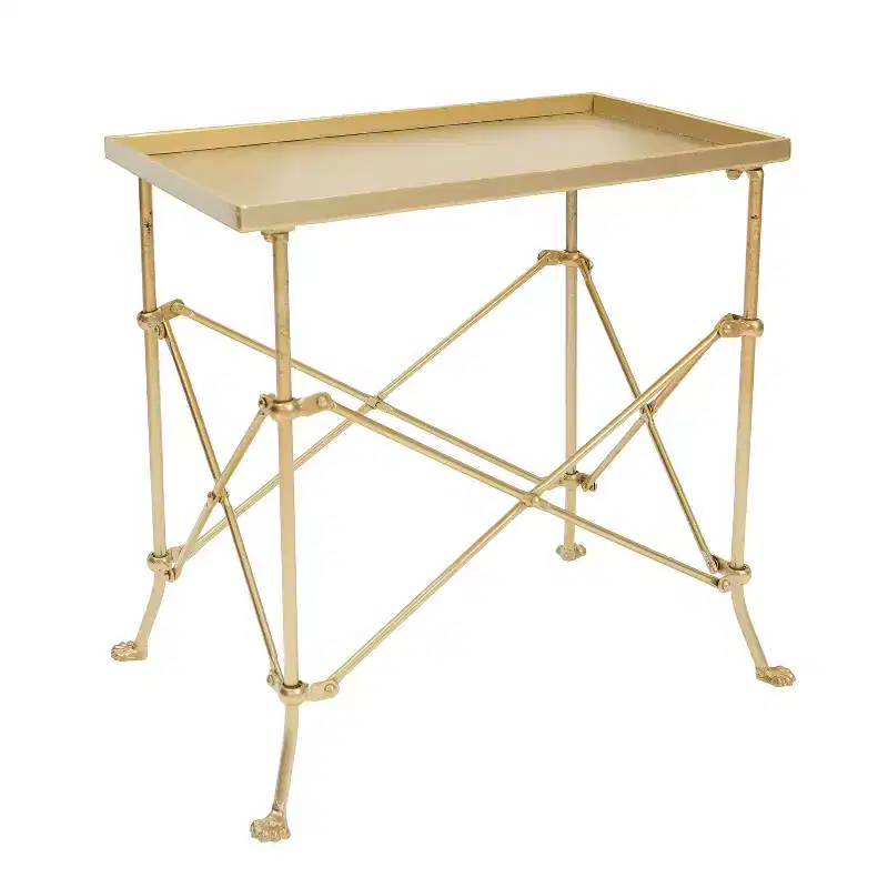 Rectangular Trestle End Accent Table, Antique Gold Iron with Raised Lip, Claw Feet, 20x12x20 Inches