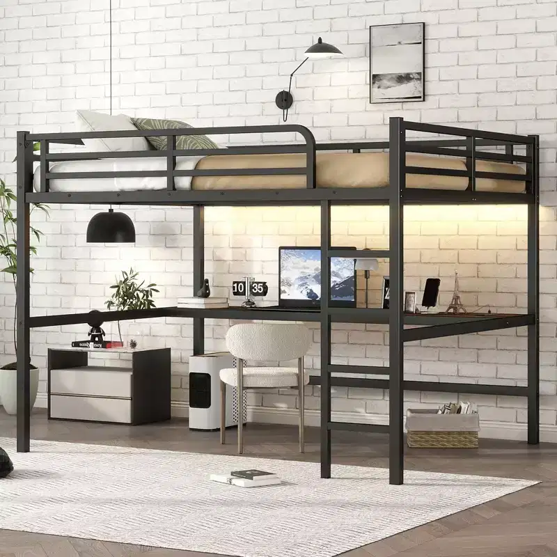 Metal Twin XL Size Loft Bed with Power Outlet and LED Lighted Space-Saving Noise Reduced Black