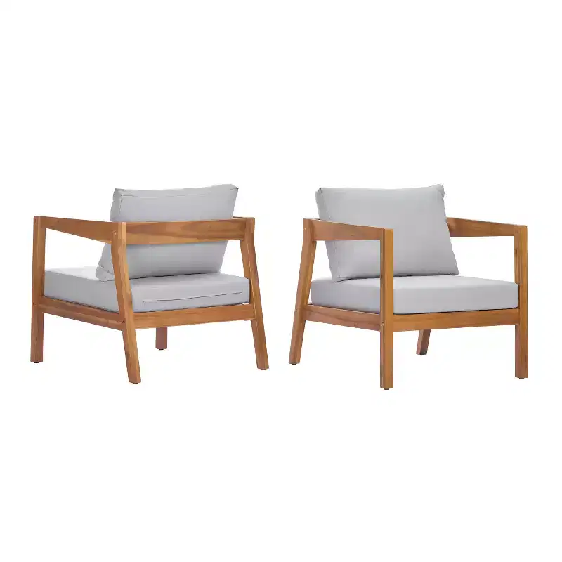 Christopher Knight Home Kittisak Farmhouse Acacia Wood Upholstered Patio Lounge Chairs with Cushion (Set of 2)
