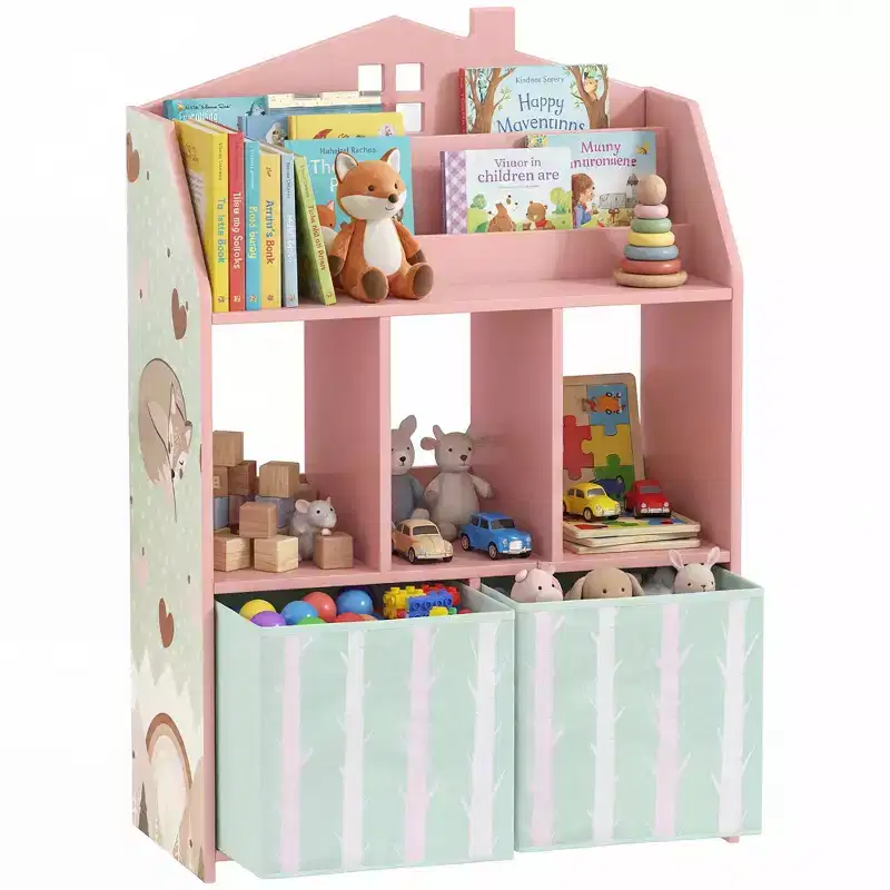 Qaba Kids Bookshelf with Toy Storage, Children's Bookcase with Book Display, Shelves and Fabric Drawers, Toy Organizer for Playroom and Nursery, Pink