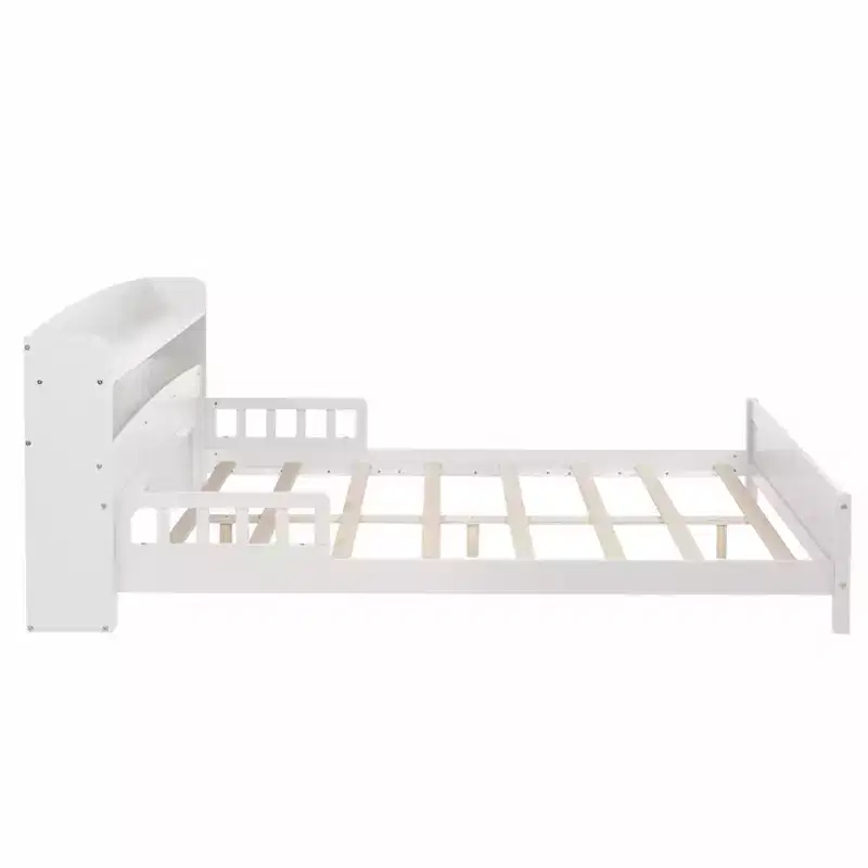 MAYEERTY Full Pine Wood Bed with Bookcase Headboard, Safety Guardrails White