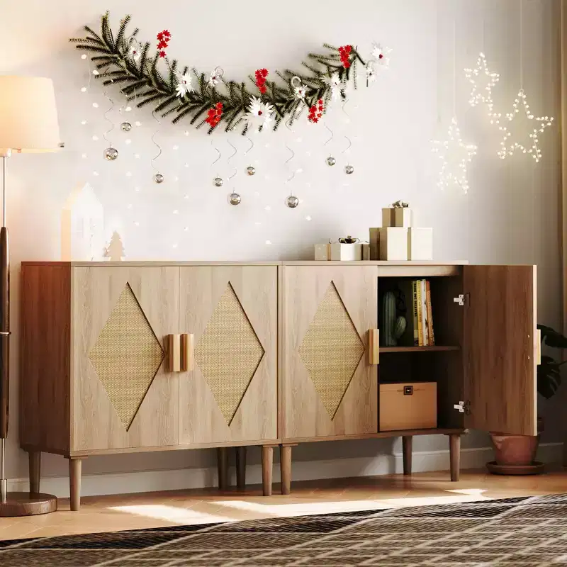 Rattan Sideboard with Double Doors, Bohemian Storage Cabinet with Drawers for Dining Room and Living Room