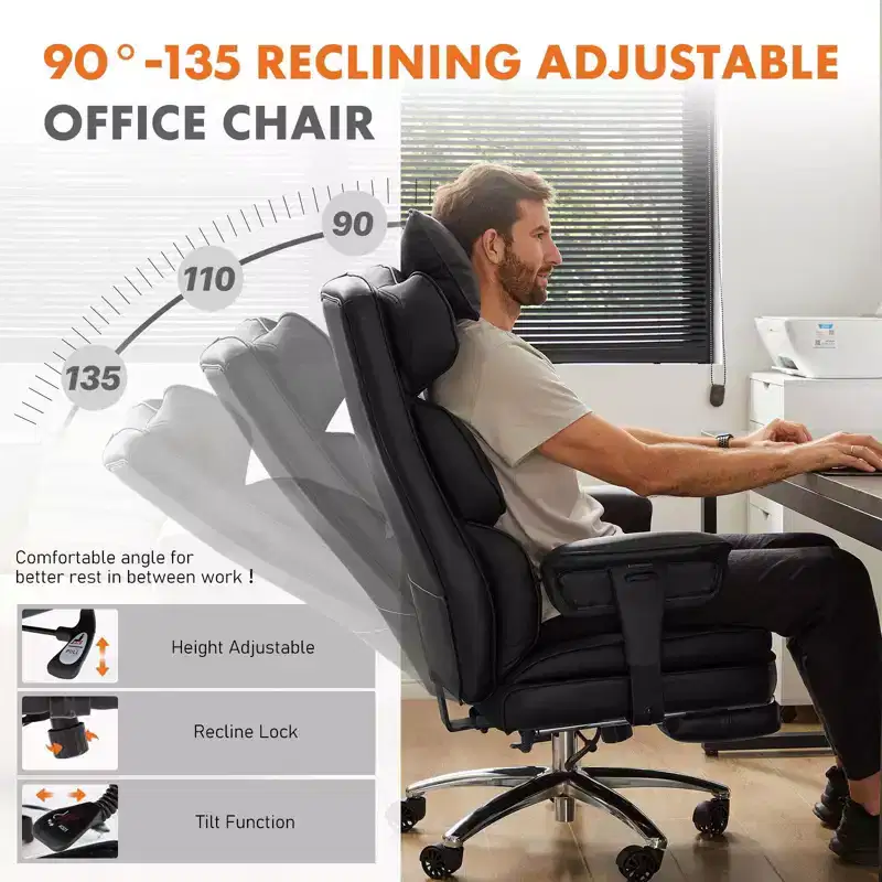 MAYEERTY Chair Exec Home Office Ergonomic High Back with Footrest Lumbar Reclining Height Adjustable PU Leather Swivel Chair with Wheels White