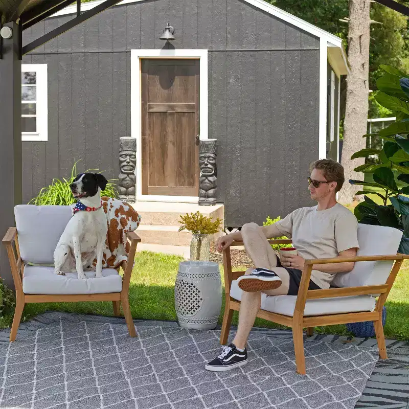 Sunnydaze Bodie Acacia Wood Patio Armchair with Bone White Cushions - Natural