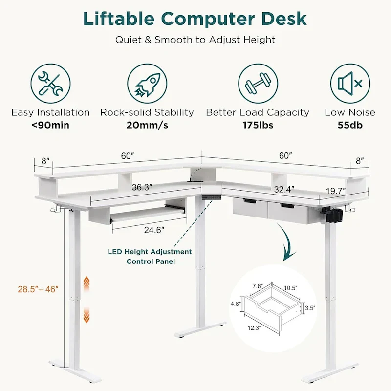 L-Shaped Electric Standing Desk, Height Adjustable, RGB LED, Carbon Fiber Black / Dark Rustic Oak / Antique White, 1-Person