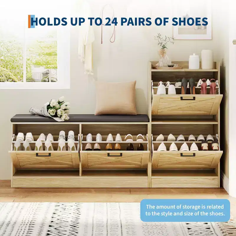 GustoWave Framhouse Shoe Storage Cabinet with Shoe Bench with 4 Flip Drawers & Padded Seat Cushion, Entryway Bench with Storage