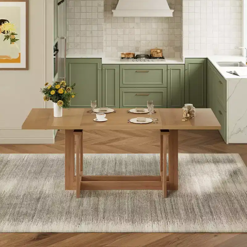 GDFStudio Ebony 82 Extendable Rubberwood Dining Table with Two 12'' Removable Leaves and Trestle Legs