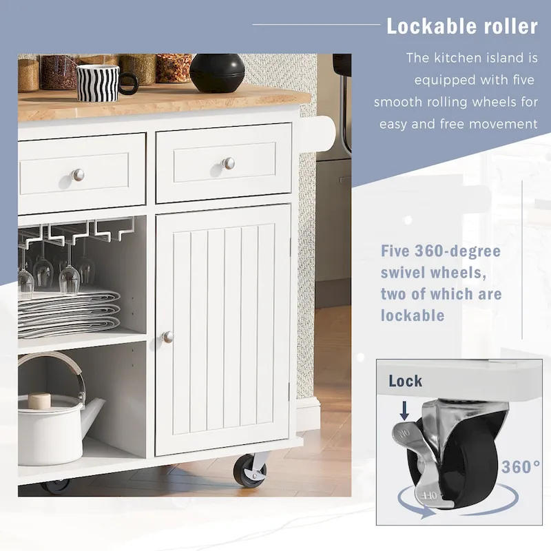 Adjustable Shelves Kitchen Island with Power Outlet and Drop Leaf