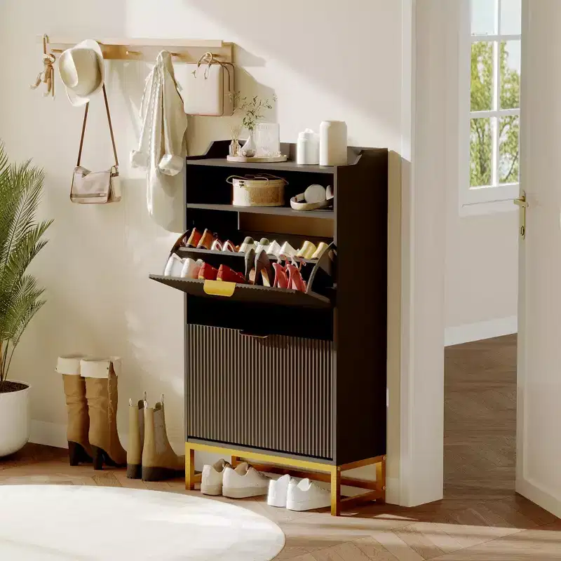 GustoWave Shoe Cabinet with 2 Flip Drawers, Freestanding Narrow Shoe Storage Organizer for Entryway, Wooden Hidden Slim with Open Storage