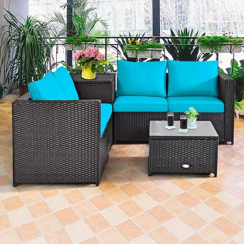 Costway 8PCS Outdoor Patio Rattan Furniture Set Cushioned Loveseat Storage Table Red\Navy
