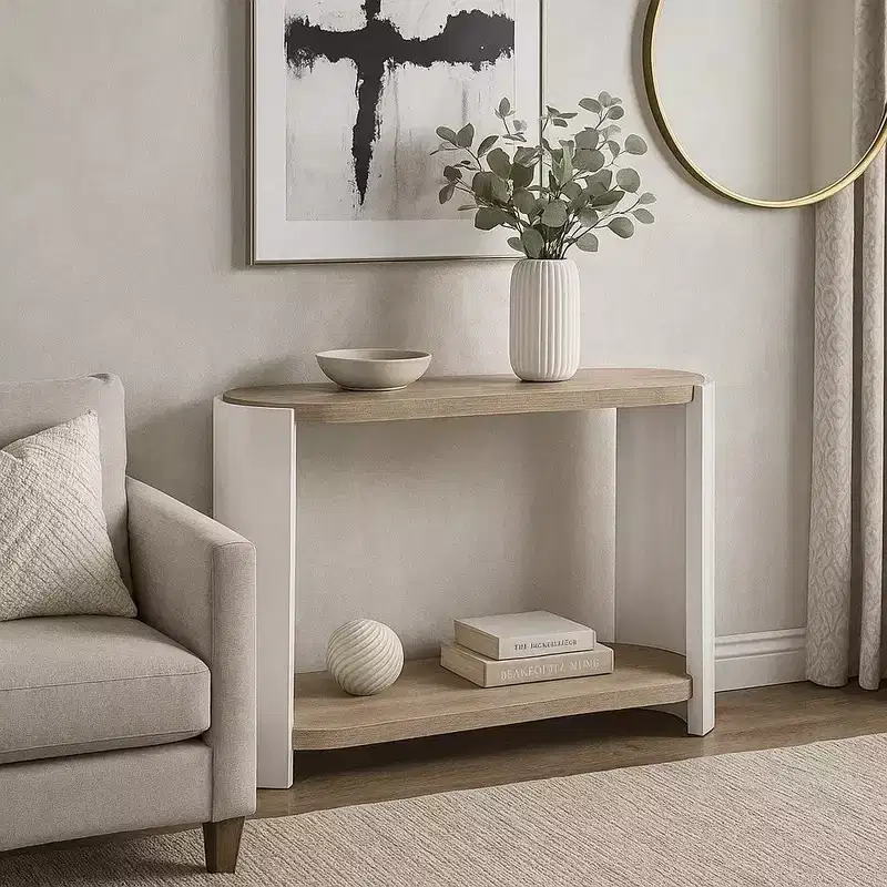 Royal Hampton Sofa Console Table, White High Gloss Wood, Brown, Oval 47 Inch