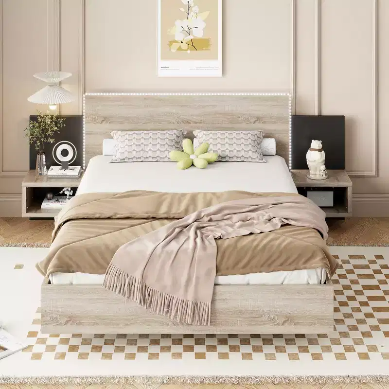 Gray Upholstered Floating Platform Bed Frame with Nightstands, Queen, 2-Person